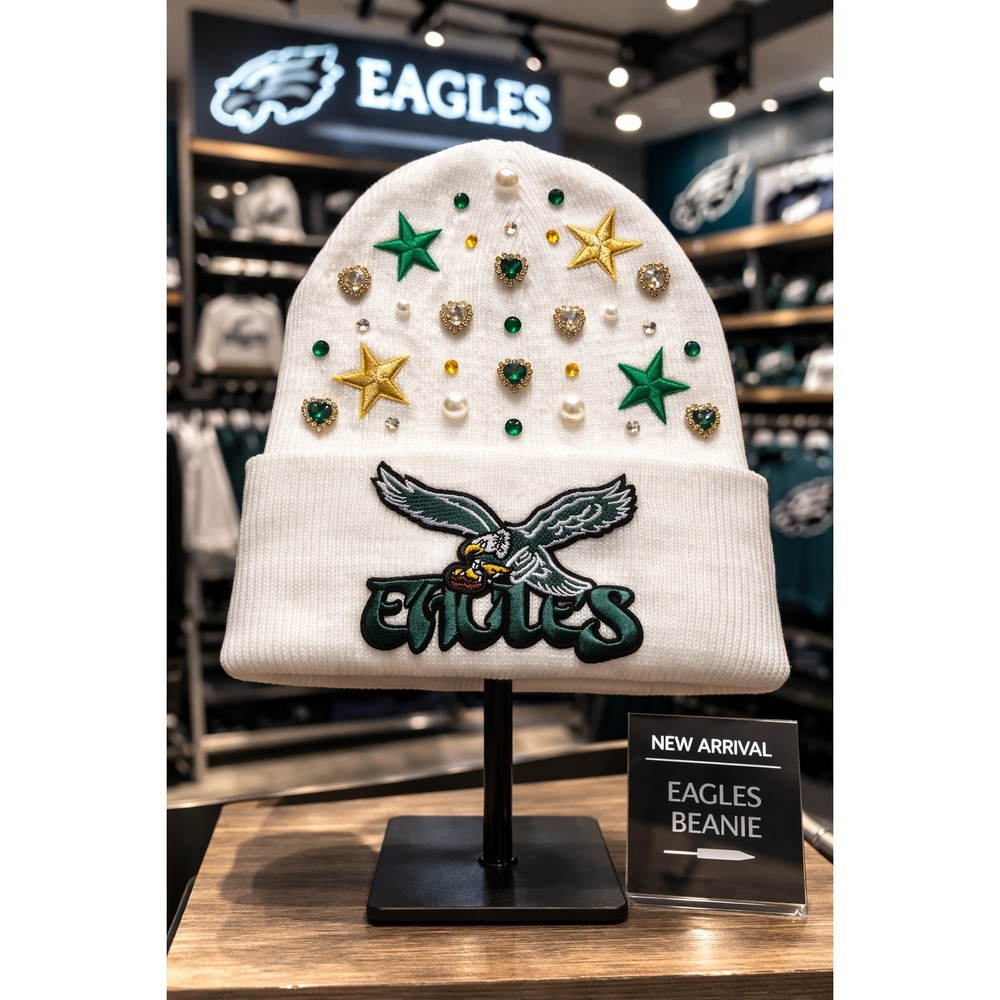 Philadelphia Eagles Beanie‎ White with Logo, Green, Gold Stars and rhinestones